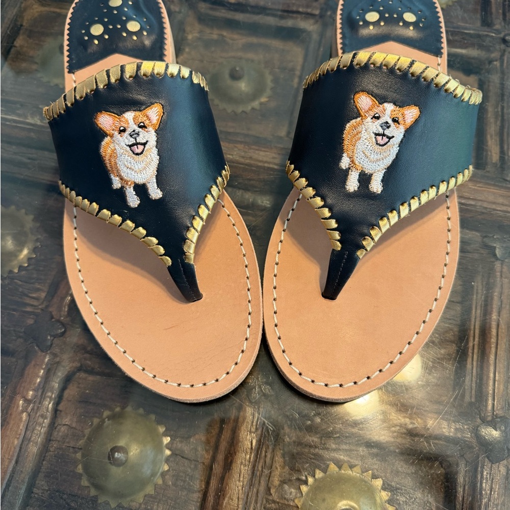JACK ROGERS CORGI EMBROIDERED TOOLED WHIPSTITCH LEATHER THONG SANDALS 8M